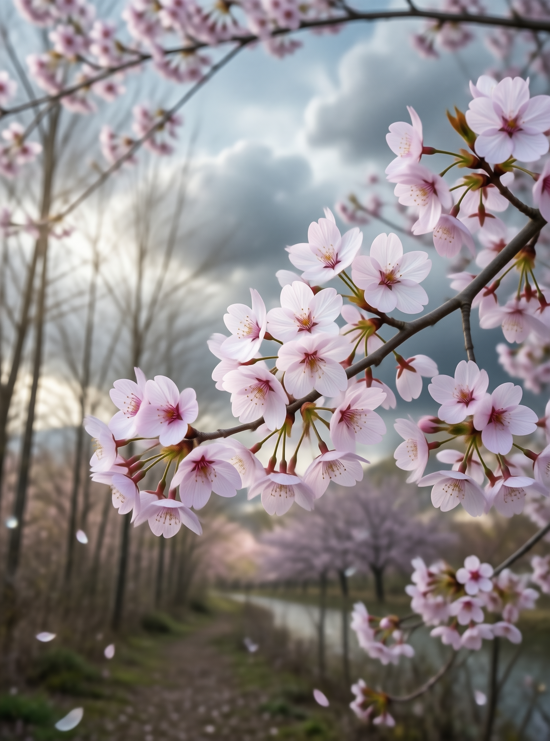 Cherry Blossoms Under Cloudy Sky