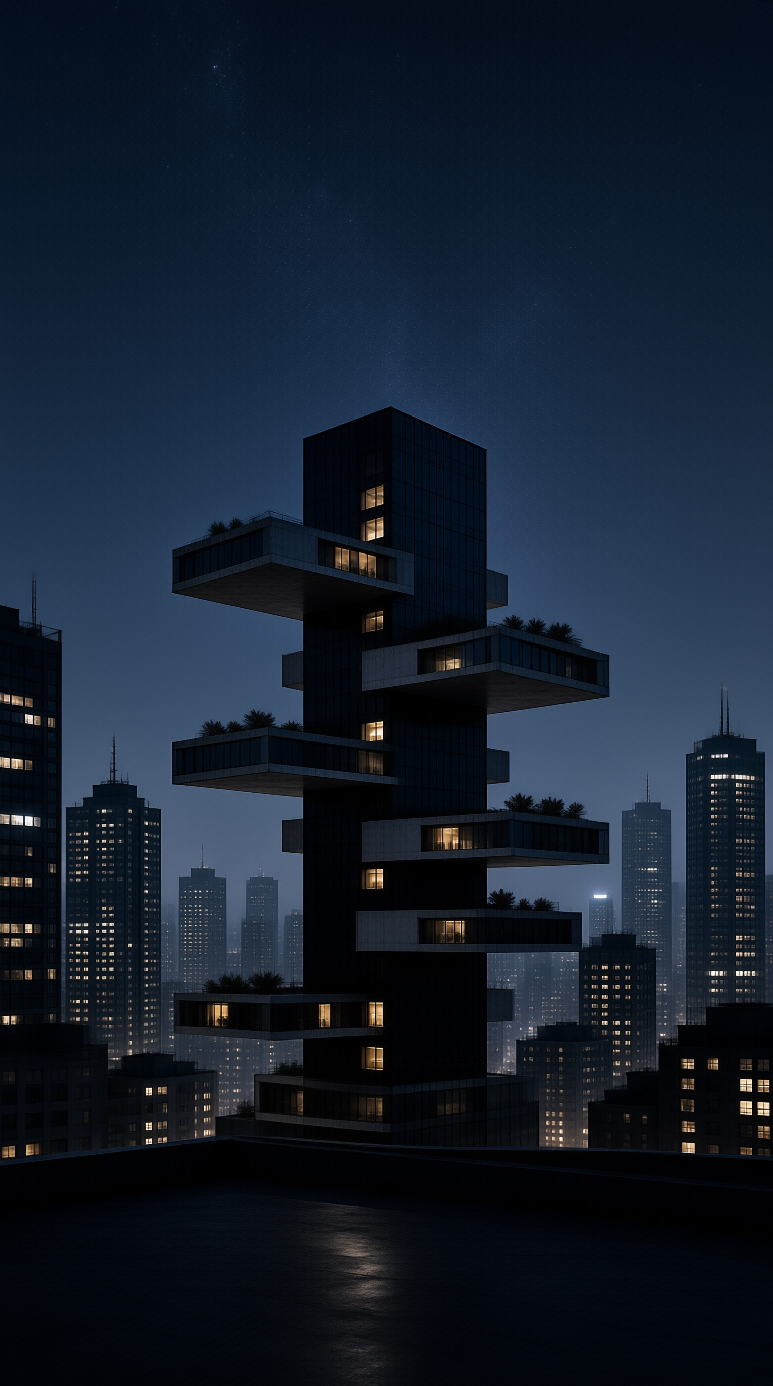 Stacked Brutalist Tower in a Night City