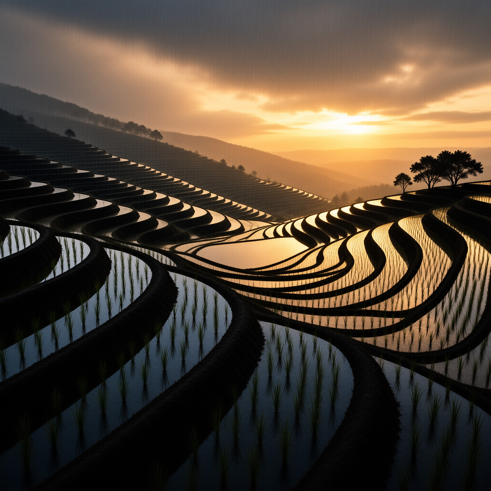 Curving water-filled terraces wind across a hillside, reflecting the warm orange glow of the sunset near silhouetted trees.