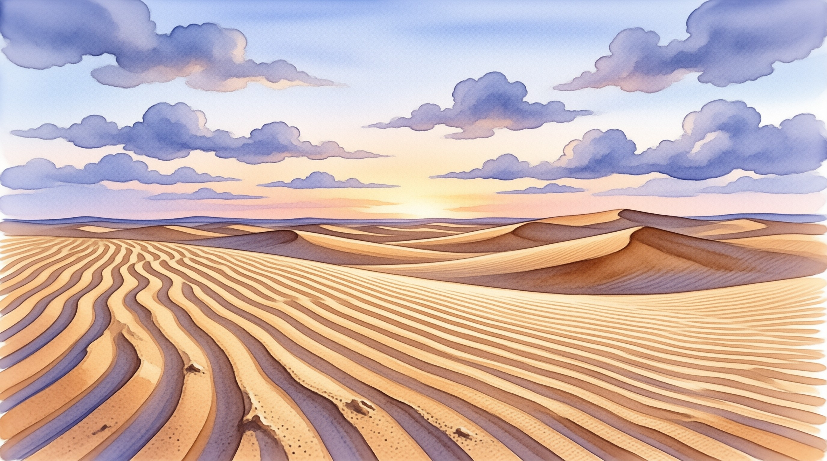A soft watercolor painting of rolling desert dunes beneath a glowing sunset sky streaked with lavender clouds.