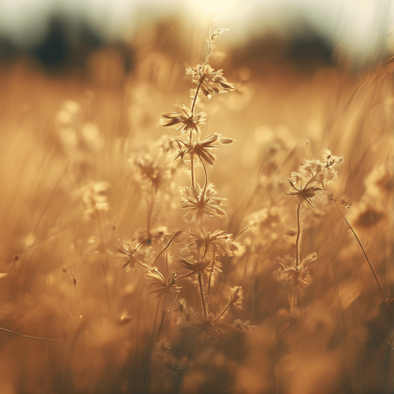 Dried wildflowers stand tall in a field of golden grass illuminated by warm sunset light.