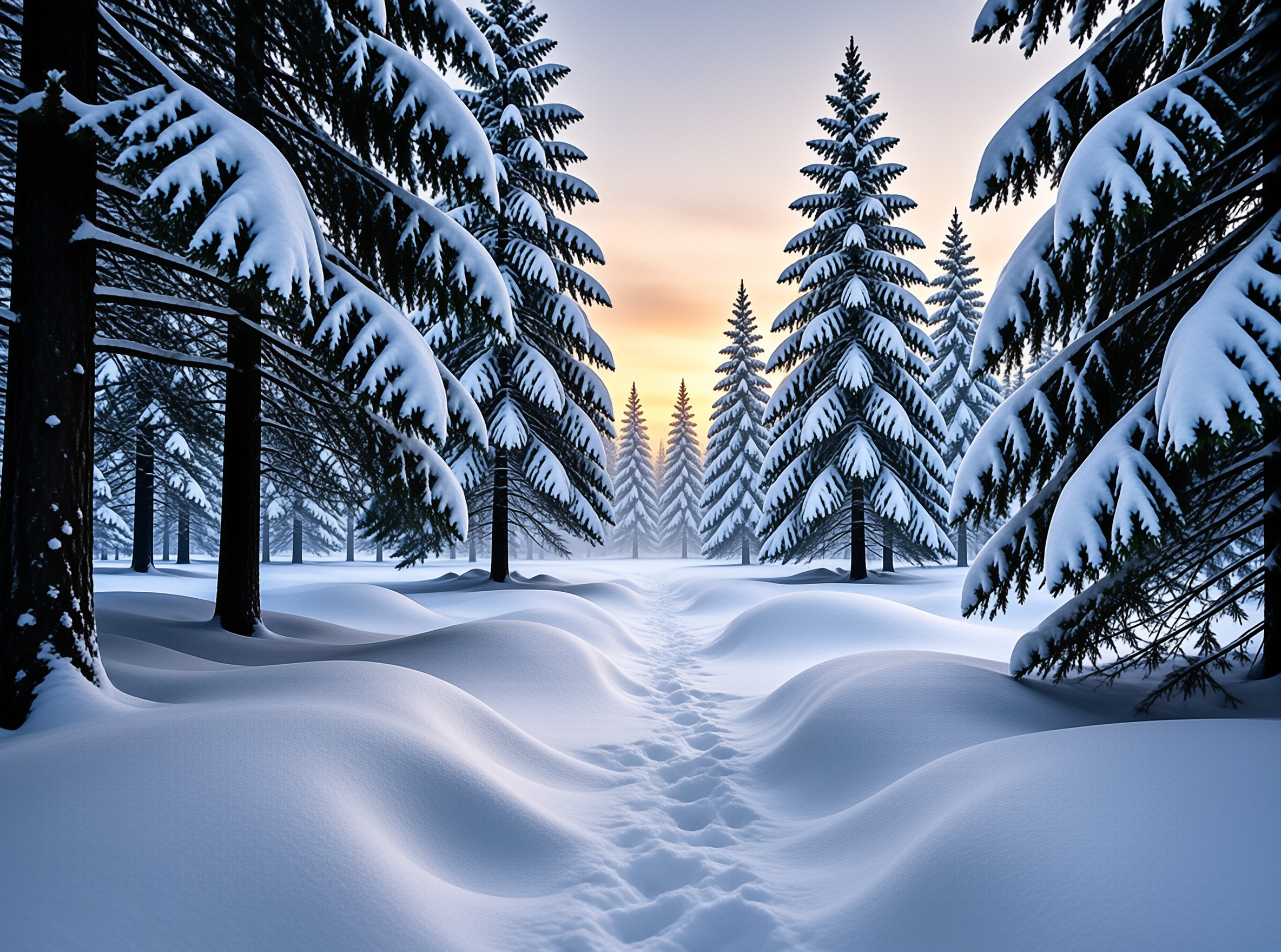 Snowy Pine Forest at Sunrise