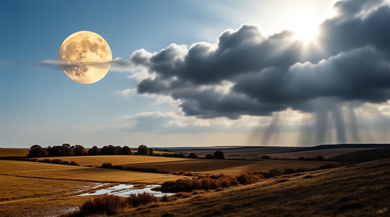 A bright moon floats above golden fields with a small stream while sunlight cuts through heavy clouds on the right.