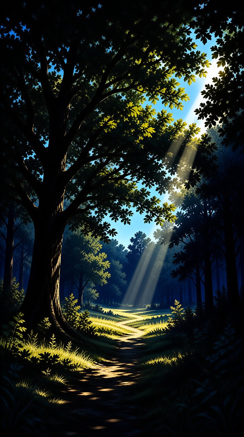 A quiet forest trail glowing where shafts of sunlight break through the tall leafy canopy.