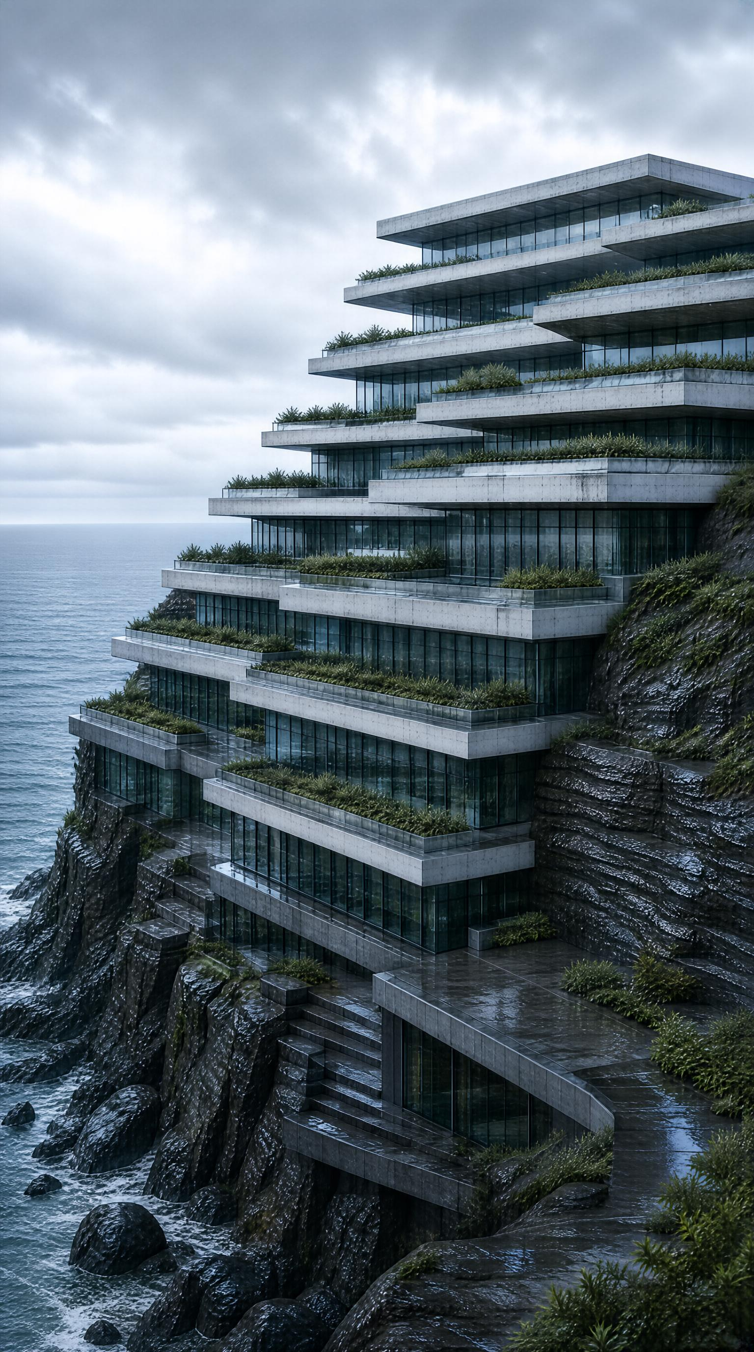 Cliffside Modern Building with Green Terraces