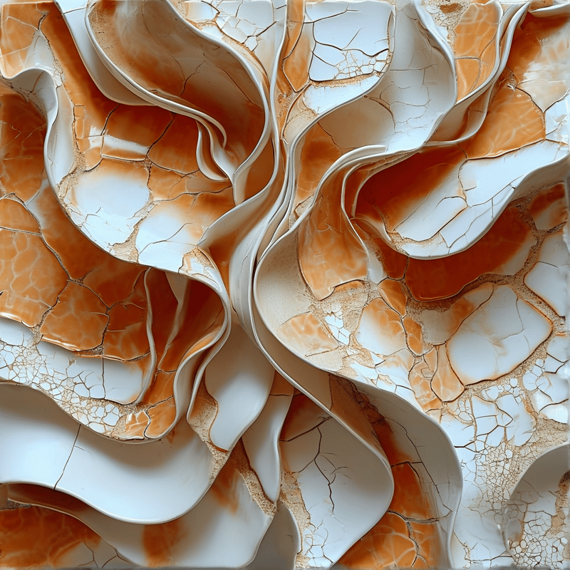 Curling ivory petals layered over crackled amber cells form a tactile sculpted surface with fine sandy seams.