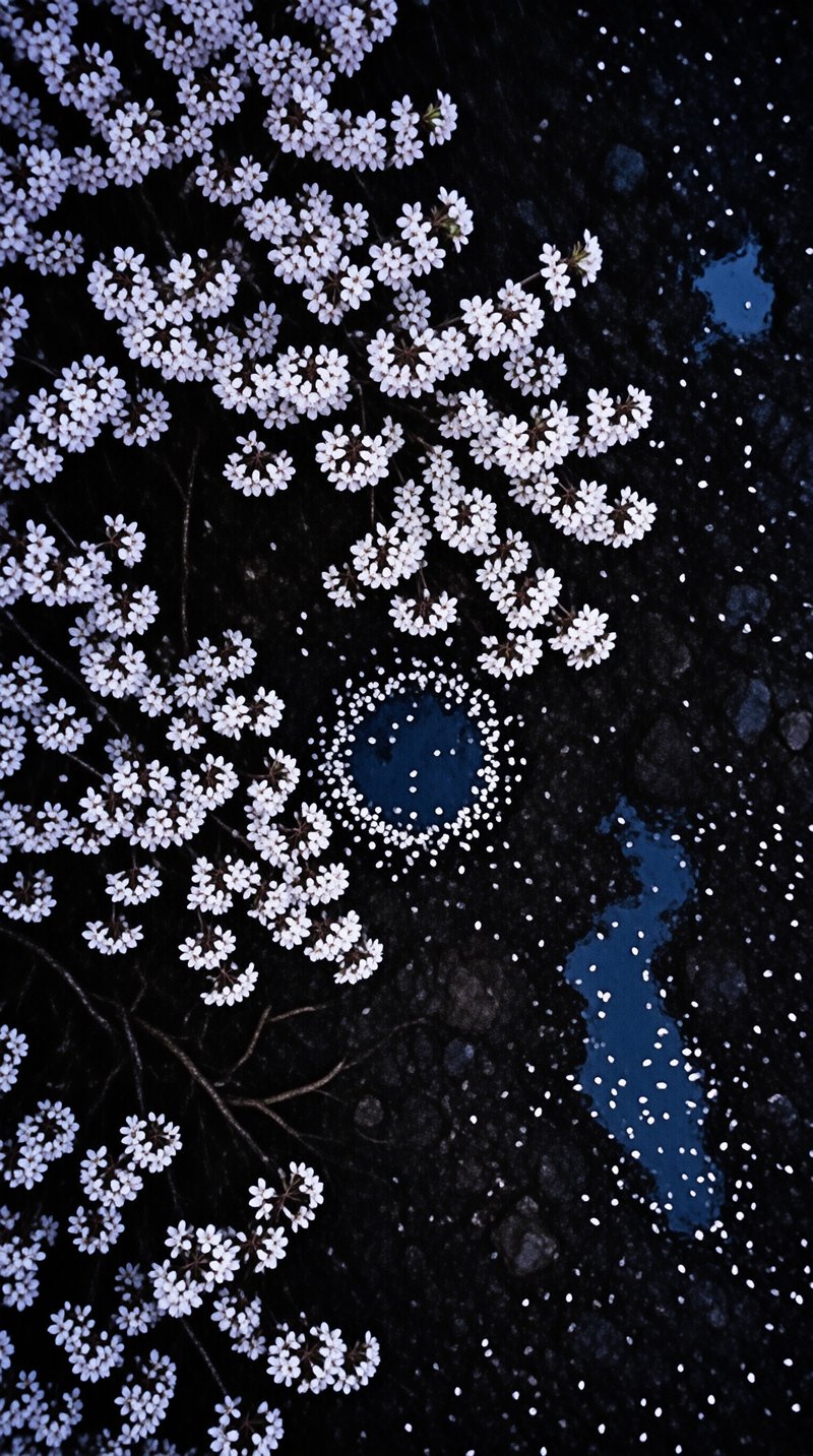 Clusters of tiny white petals rest on glistening black asphalt beside small puddles that mirror the cool blue sky.