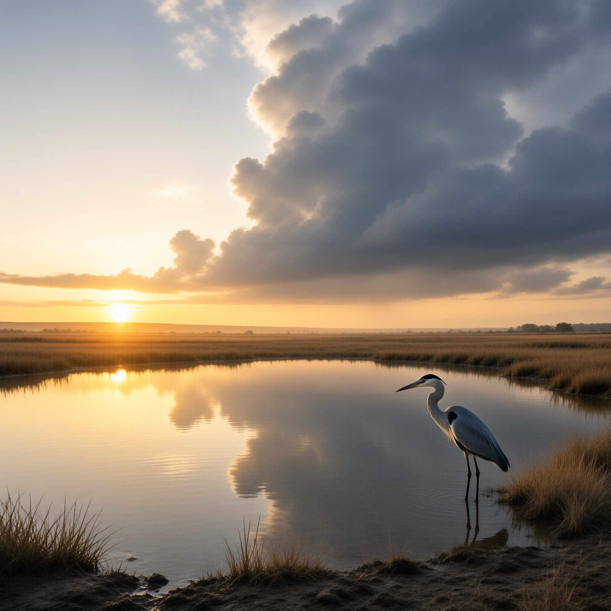 A great blue heron stands in still water reflecting the golden sky and dark clouds.