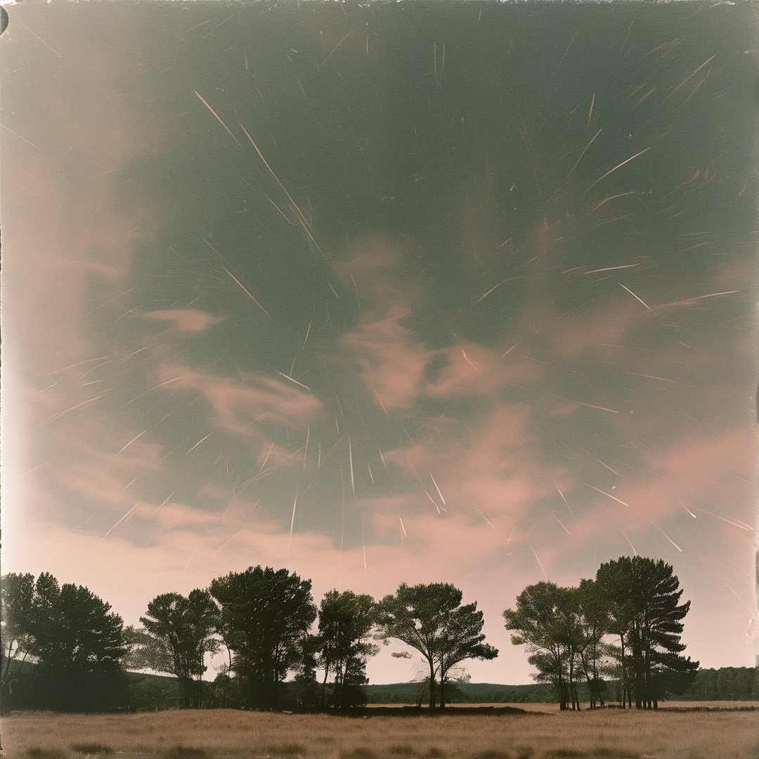 Streaks of light cut through a cloudy sky above a field of dark evergreen trees in a vintage tone.