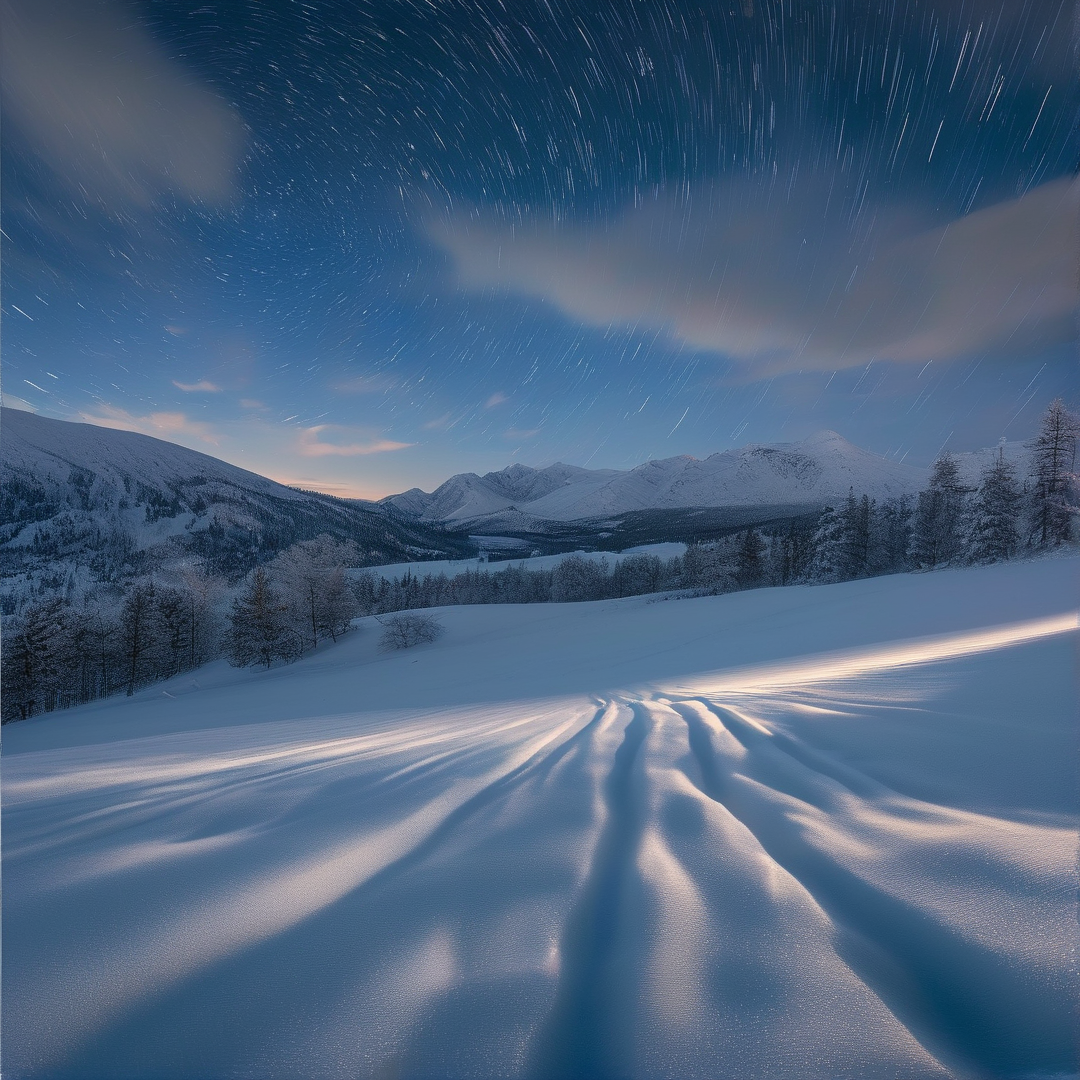 Snowy Night with Star Trails