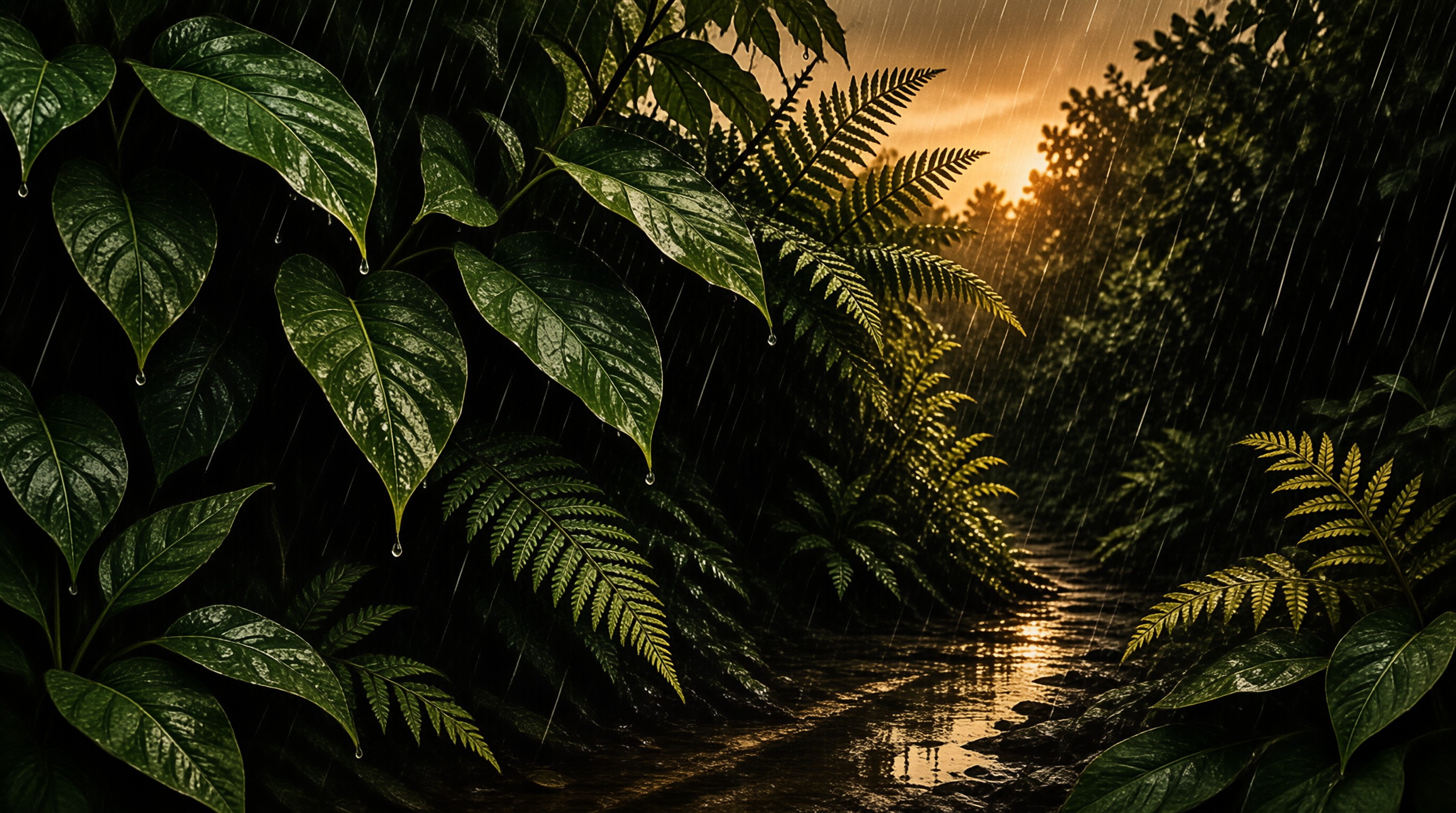 Large wet leaves and ferns frame a path where golden sunlight filters through the trees during a rain shower.