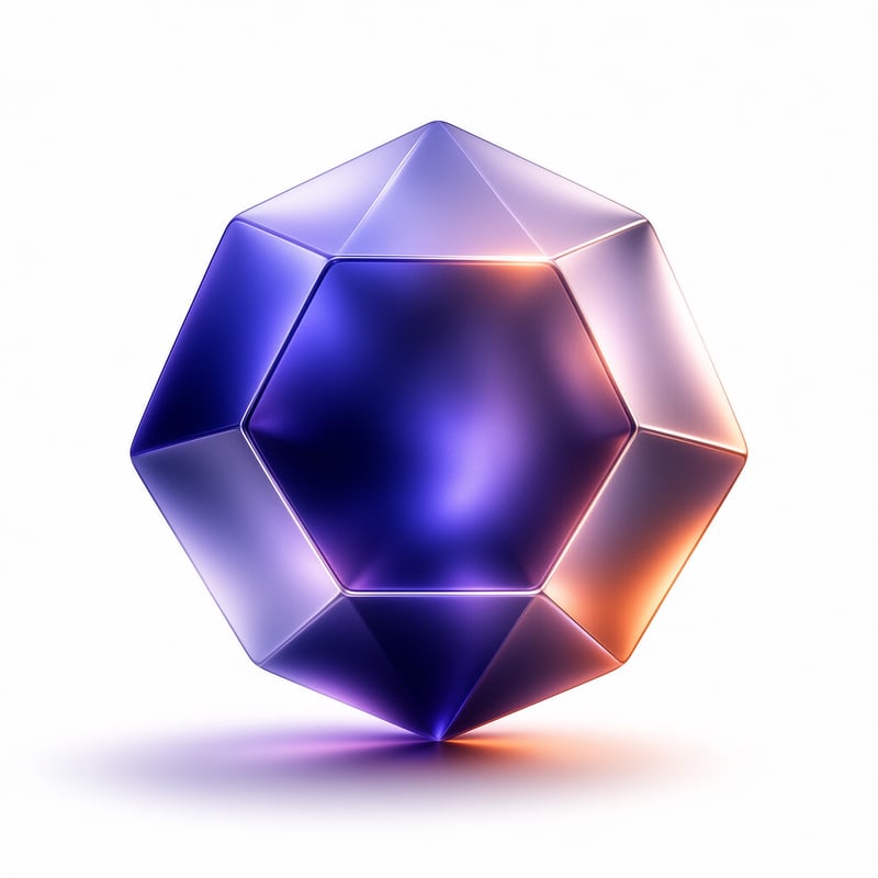 A translucent violet and blue geometric shape rests on a white surface with warm orange reflections on the right.