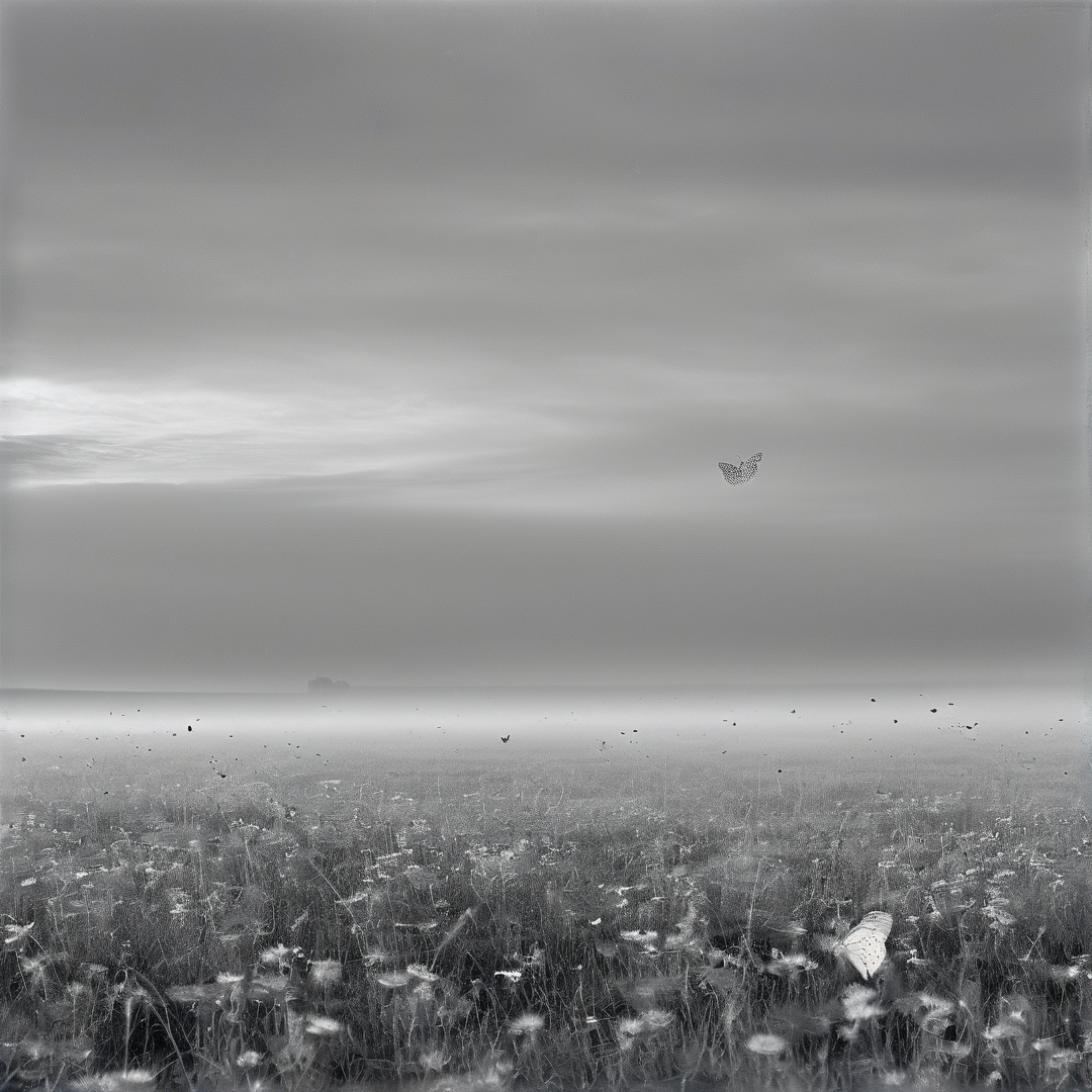 A monochromatic landscape featuring butterflies flying above a mist-covered field of wildflowers under an overcast sky.