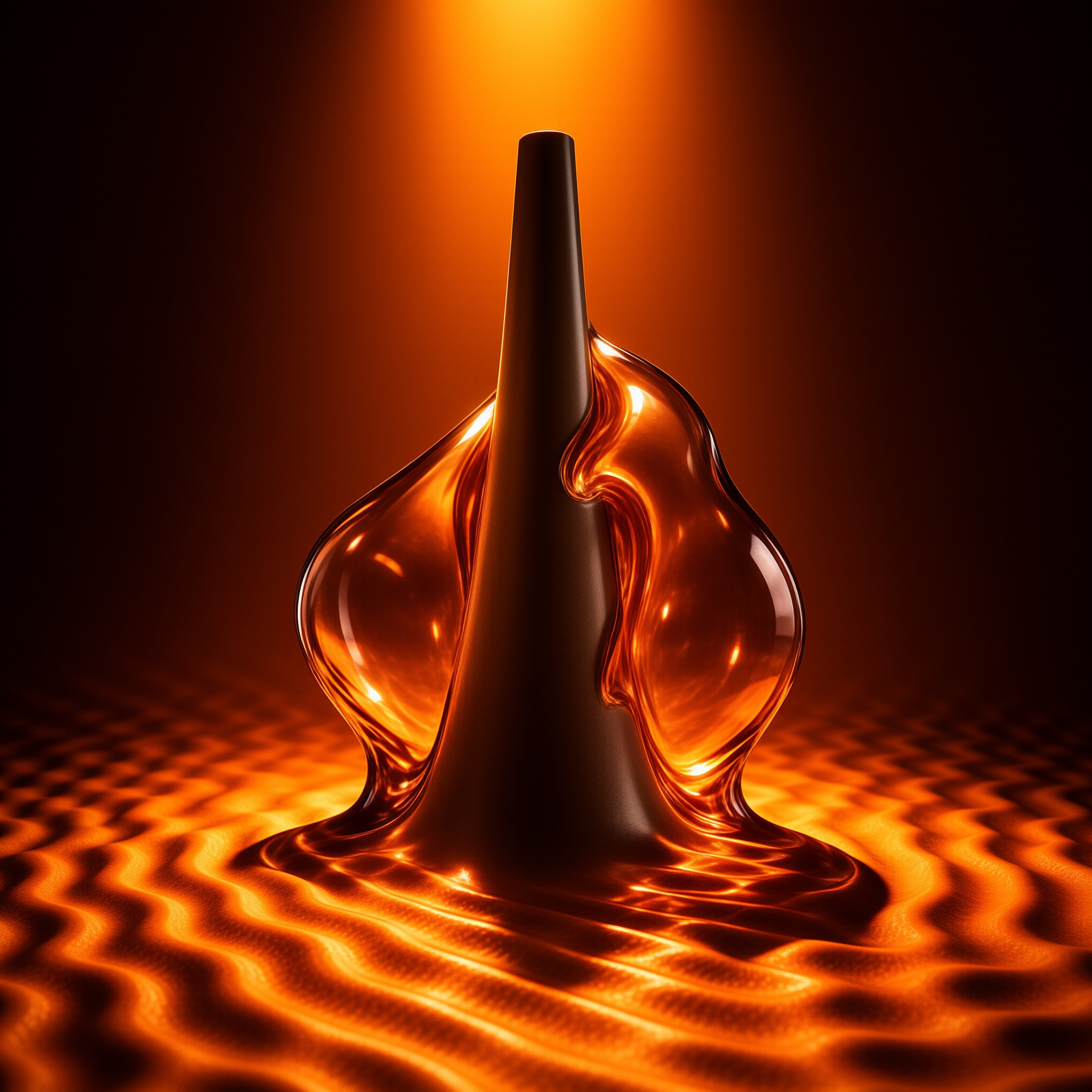 A dark tower is surrounded by a thick golden substance that ripples across the floor under dramatic orange illumination.