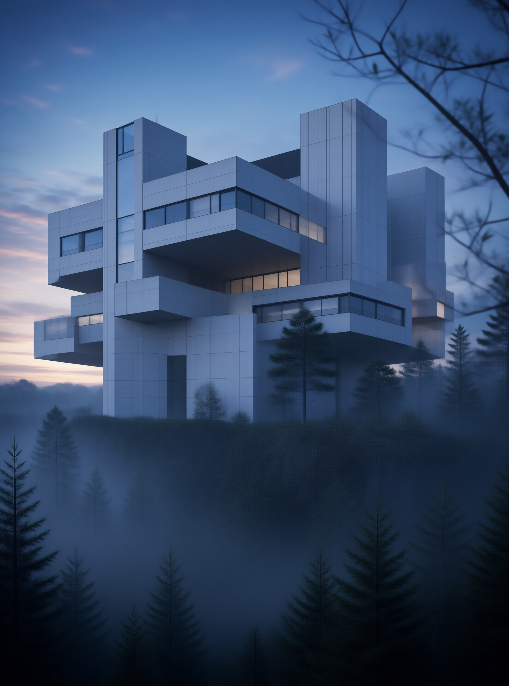Modern Architectural Structure in Misty Forest