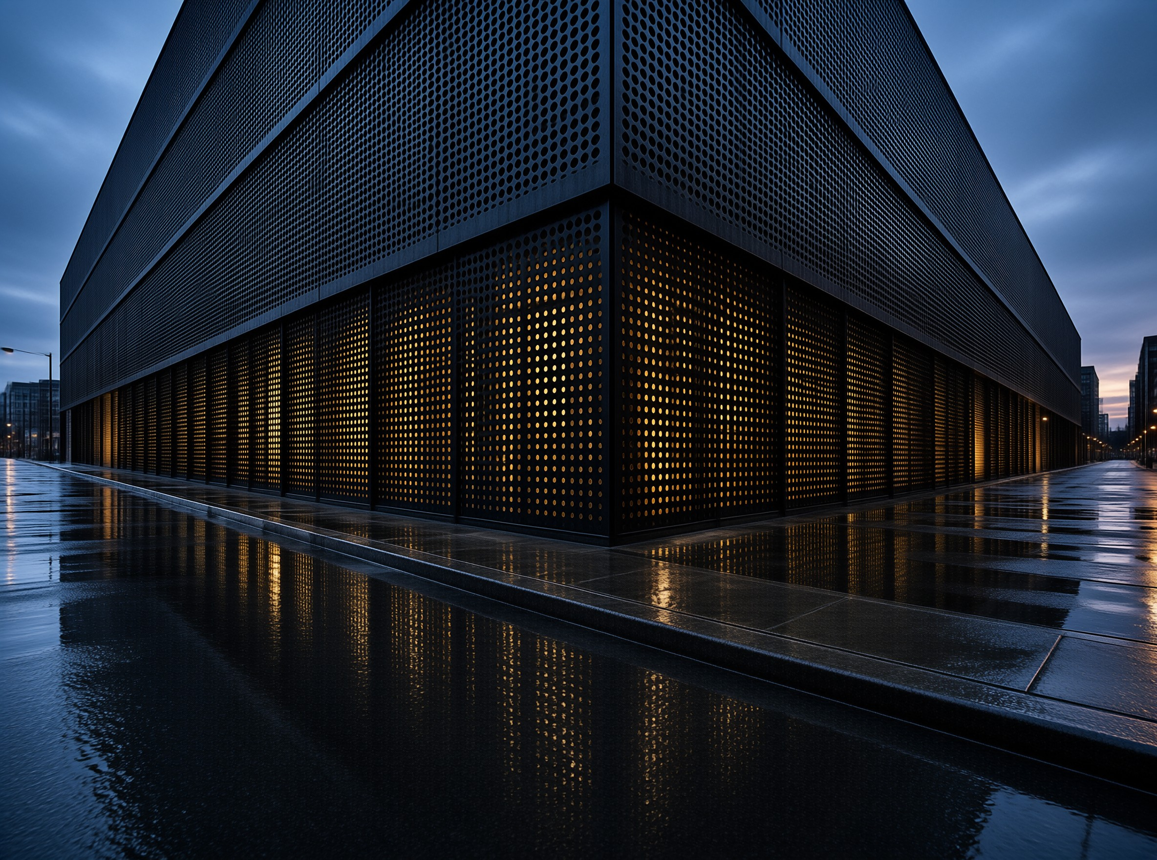 Rainy Perforated Building Dusk