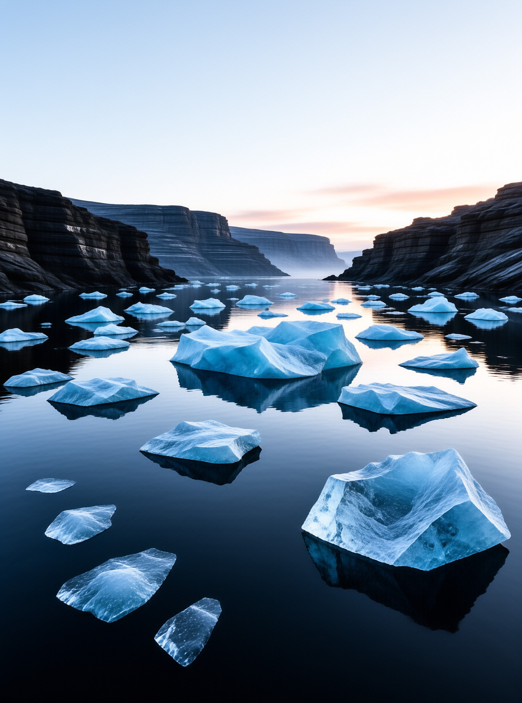 Faceted blocks of pale blue ice float on glassy black water as sunset light softens the layered cliffs