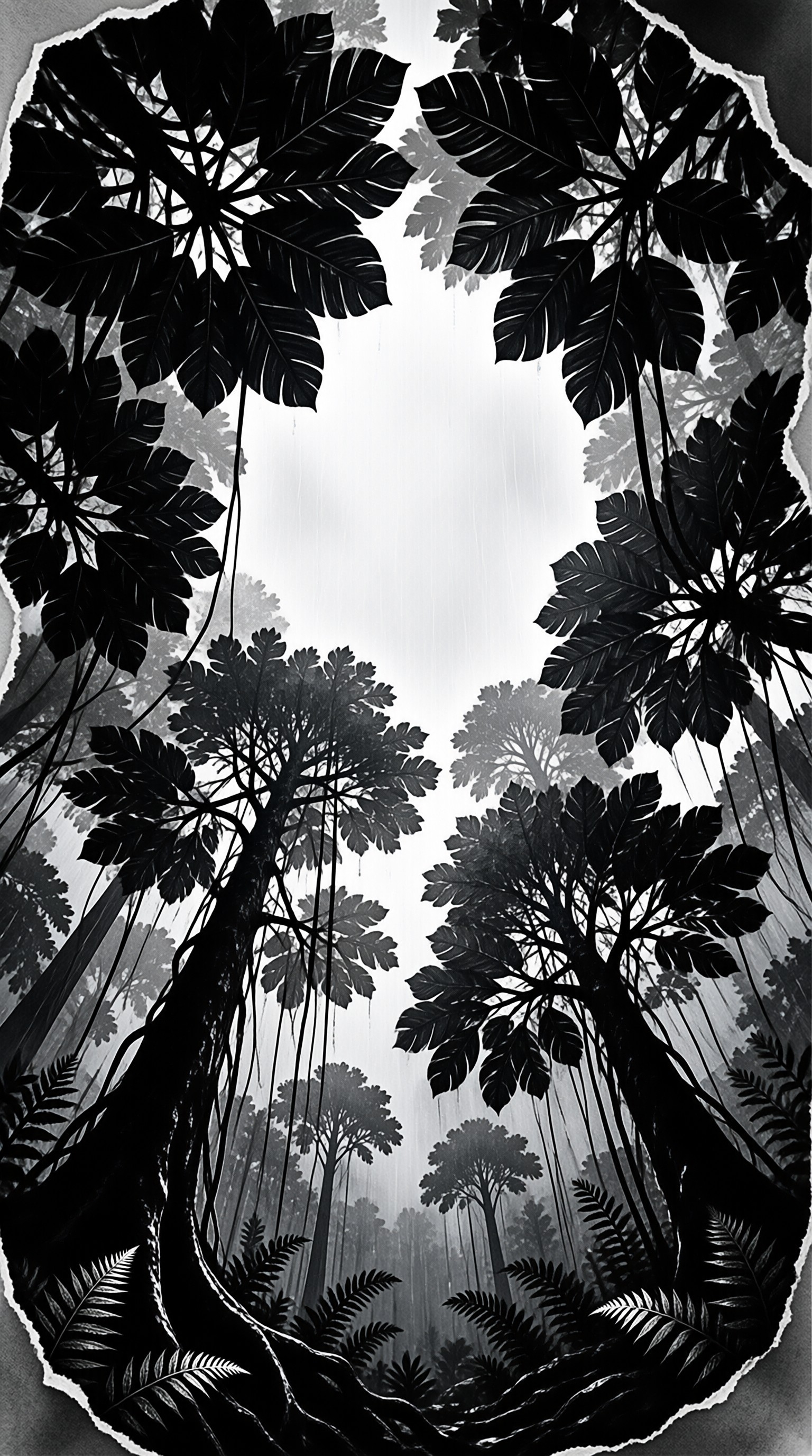 A grayscale illustration of a dense tropical forest with prominent split leaves and a misty distant canopy visible through a gap.