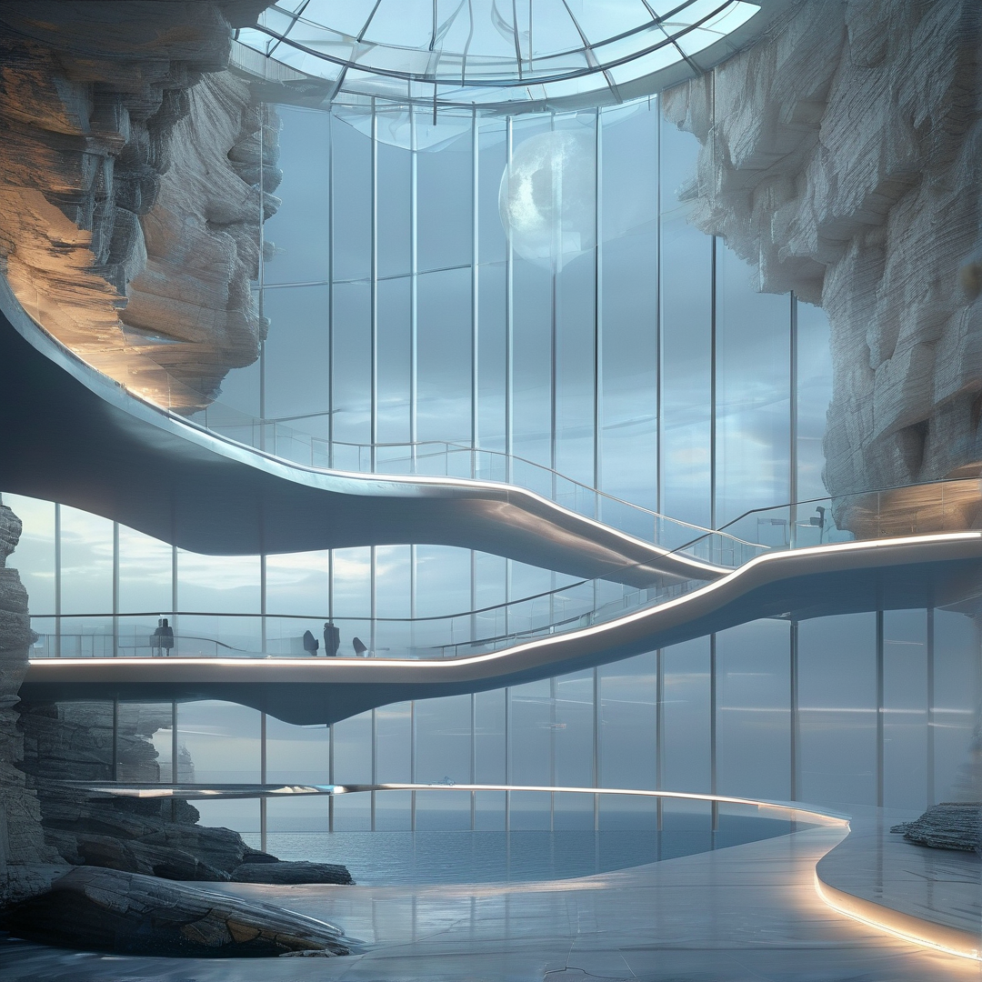 A curved metallic walkway winds through a glass-walled cavern featuring rock formations and a large celestial body outside.