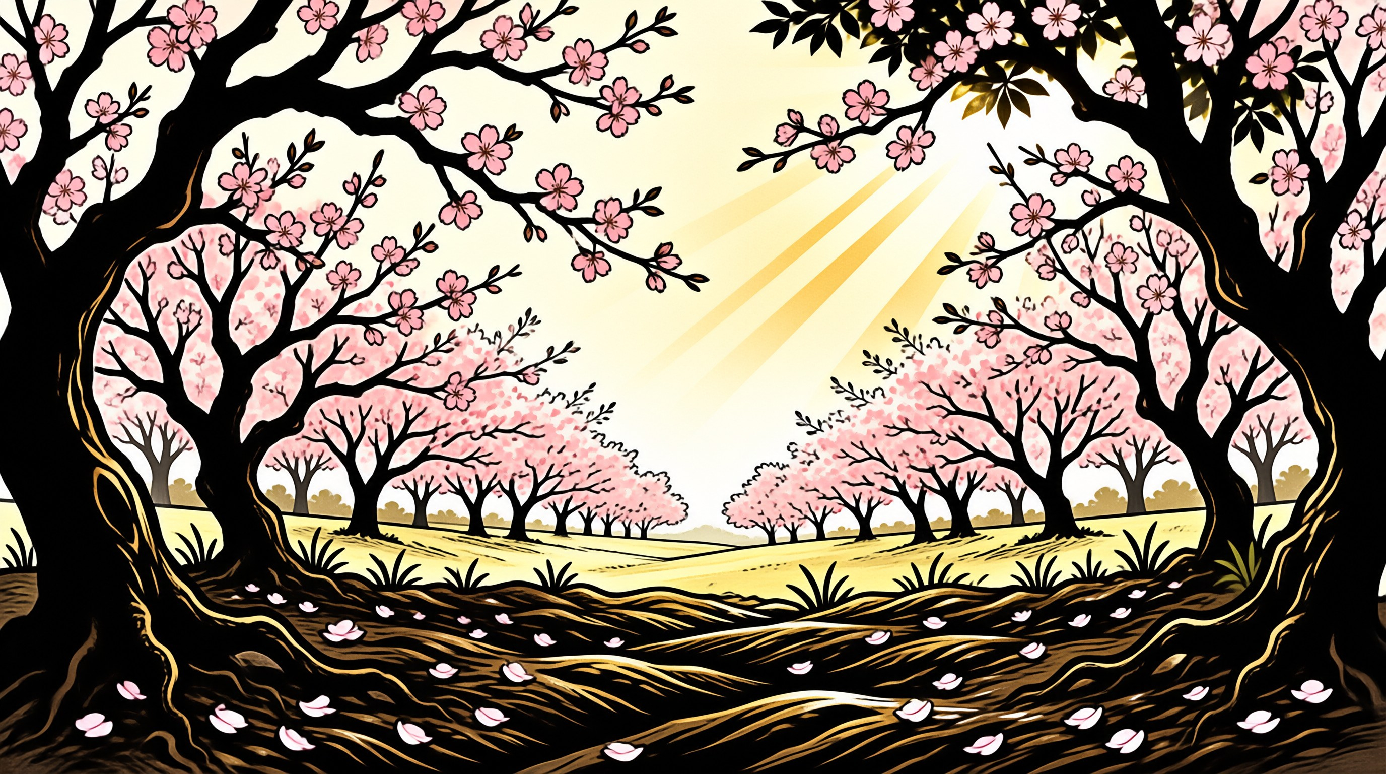 Rows of pink cherry trees line a sunlit field, golden rays cross their branches, and fallen petals cover the dark textured ground.