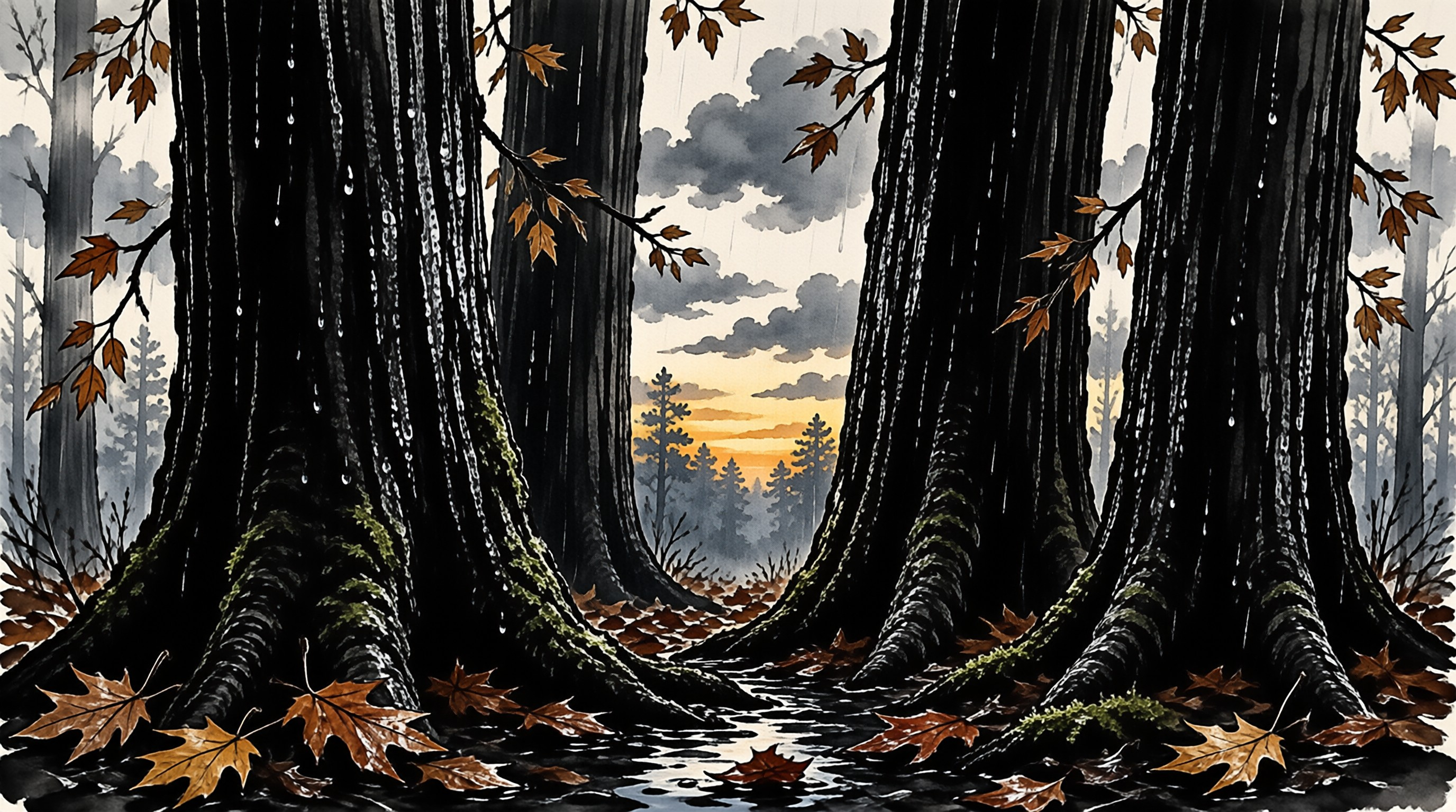 Dark tree trunks with mossy roots line a rainy path leading to a warm sunset glow on the horizon.