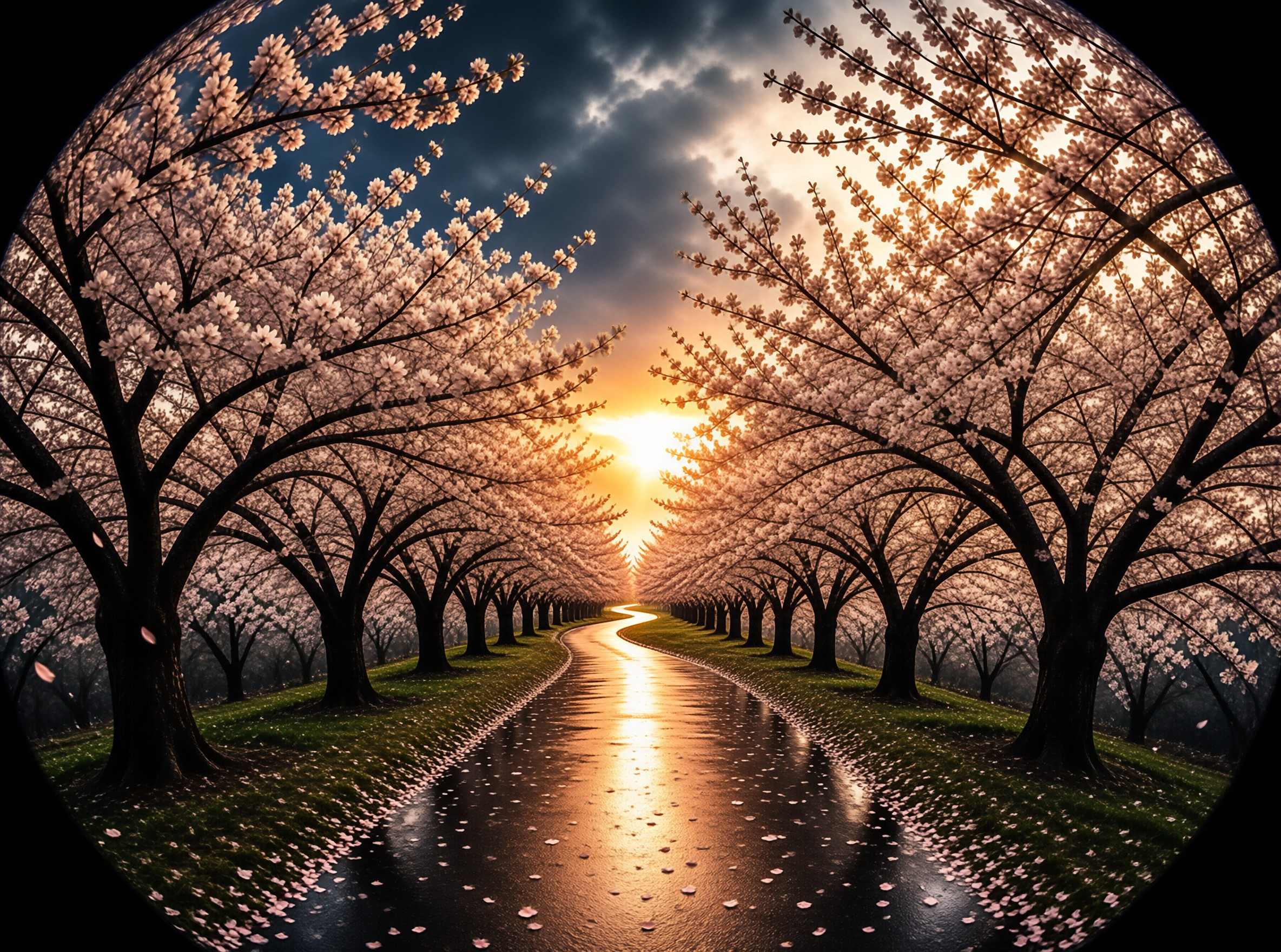 A symmetrical view of a wet asphalt path lined with blooming cherry trees leading toward a bright golden sun.