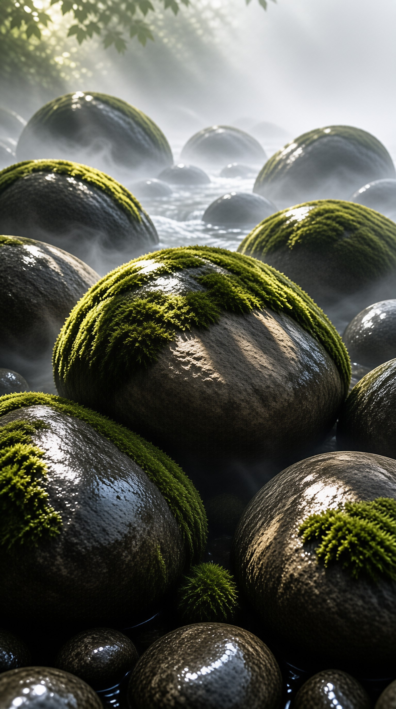 Large smooth stones covered in bright green moss float in a misty stream with soft sunlight filtering through the fog.