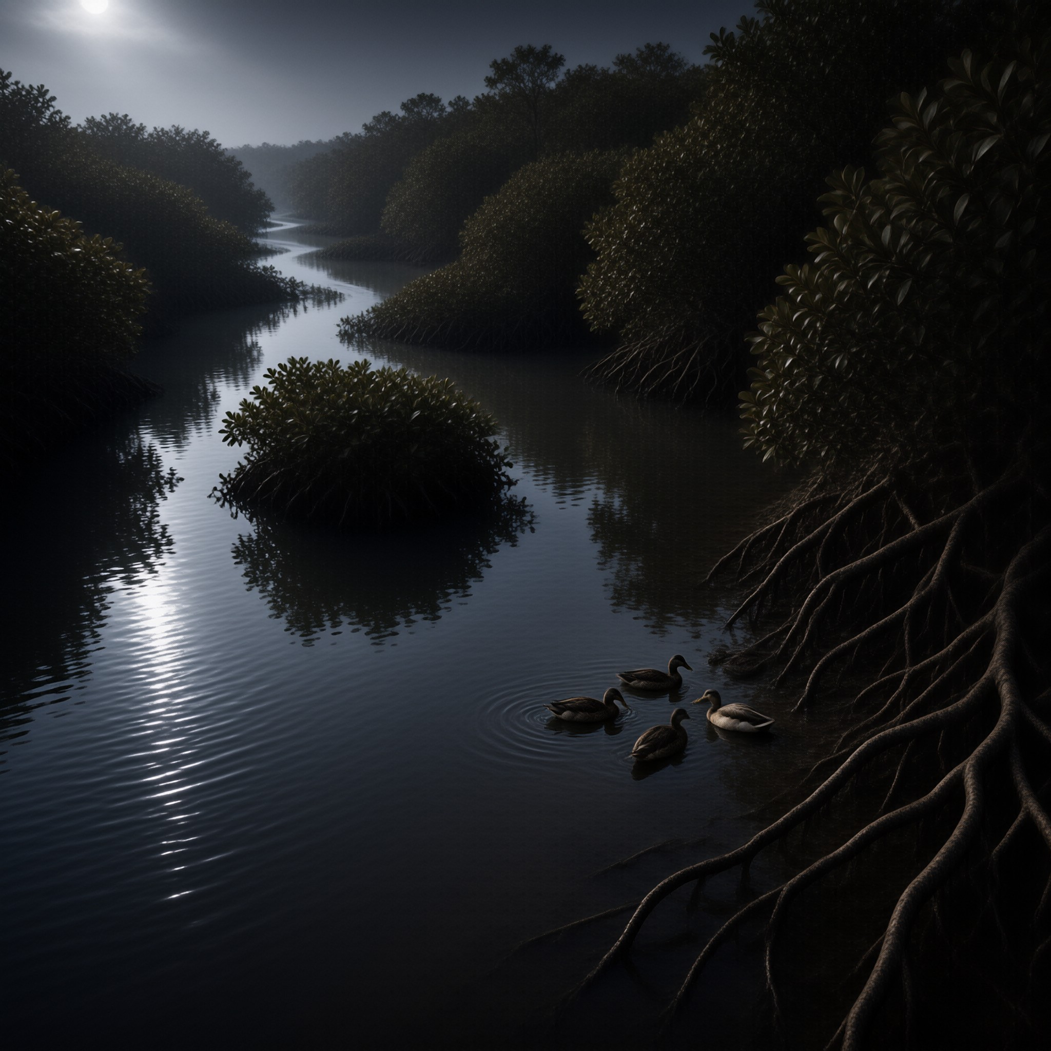 A group of four ducks swims calmly on the dark surface of a winding waterway flanked by dense mangrove vegetation and exposed root systems under a faint moonlight.
