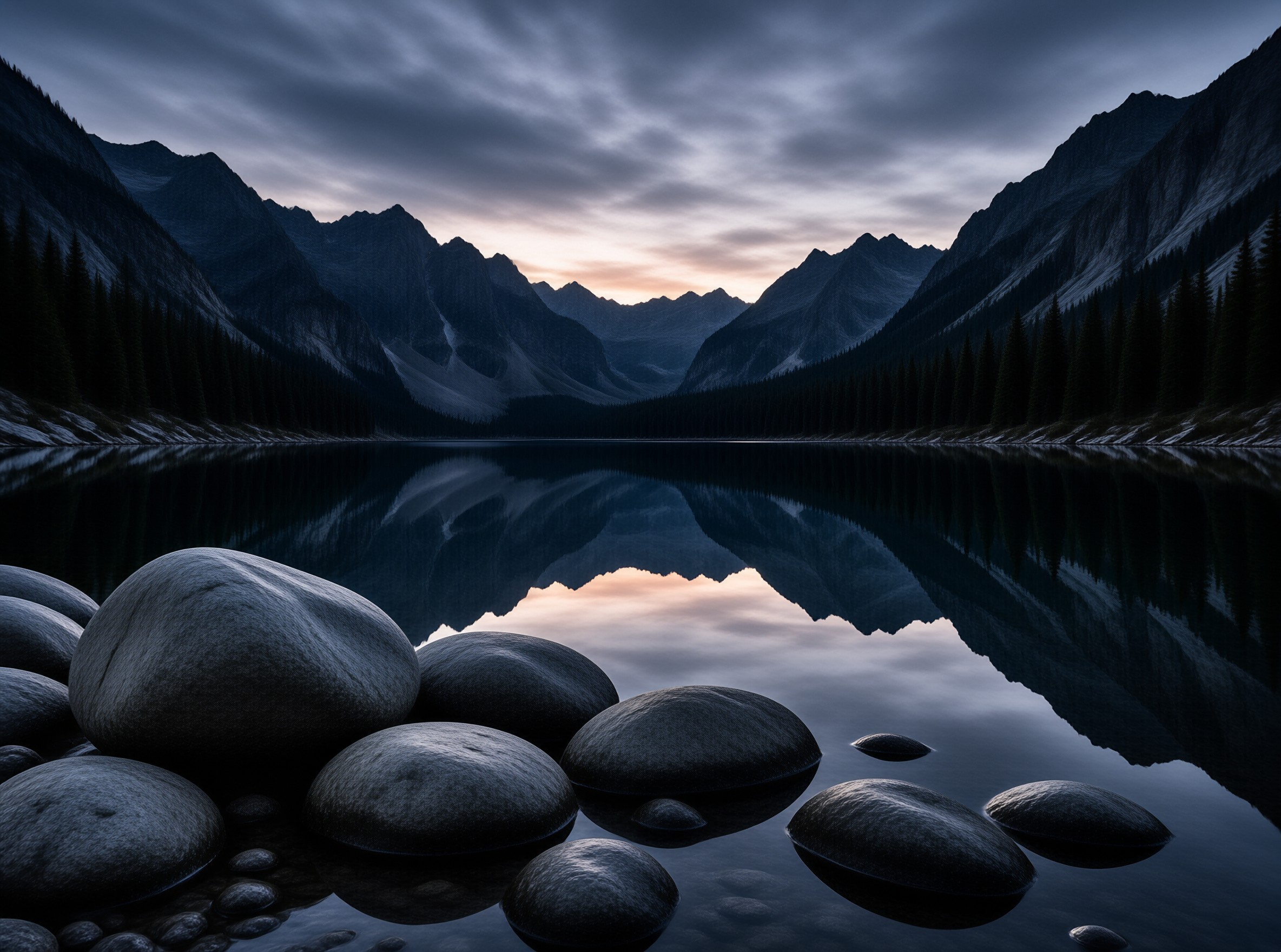 Smooth dark boulders rest in still water that reflects jagged mountains beneath a soft pink evening sky