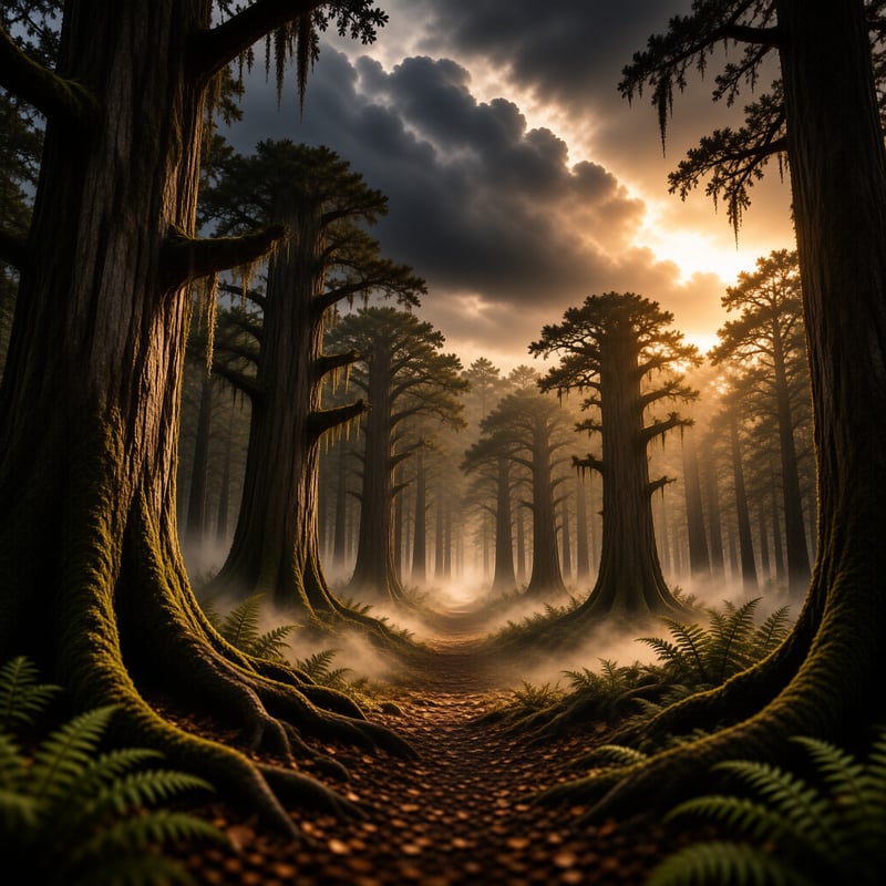 Towering redwood trunks frame a dirt path winding through fog under a dramatic sunset sky.