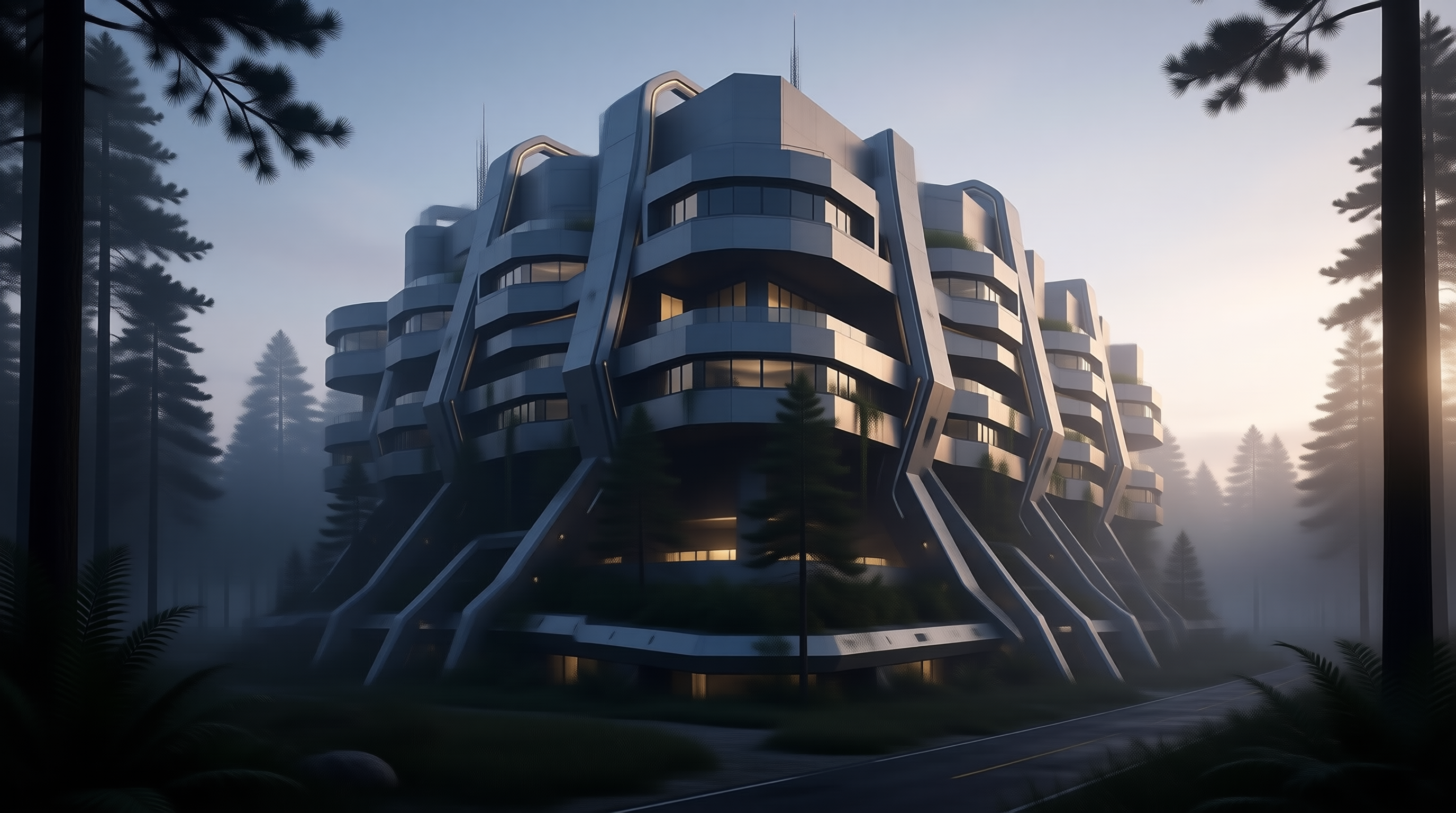 Parametric Residence in Misty Pine Forest