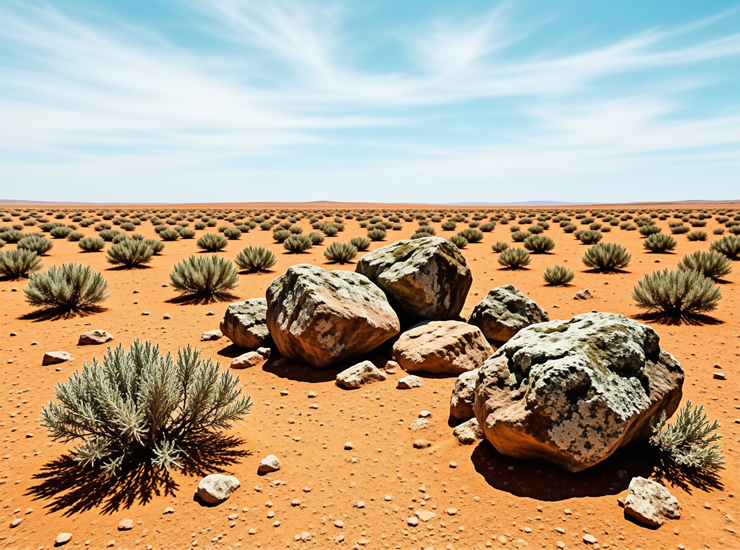 Large grey boulders sit in a vast orange desert plain dotted with low green sagebrush bushes under a bright blue sky.