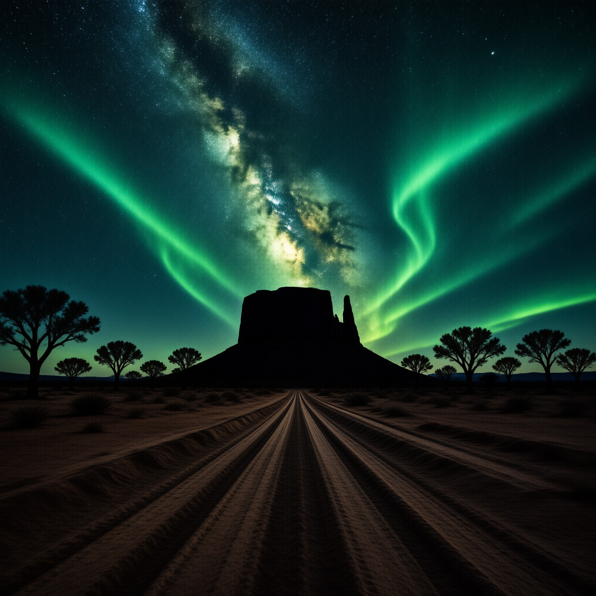 A tire tracked desert road runs toward a black mesa while emerald aurora bands curve around the Milky Way at night.