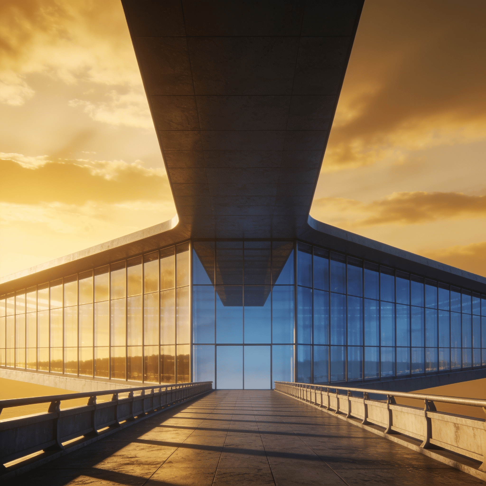 Bridge with Glass Curtain Wall — Golden Sunset