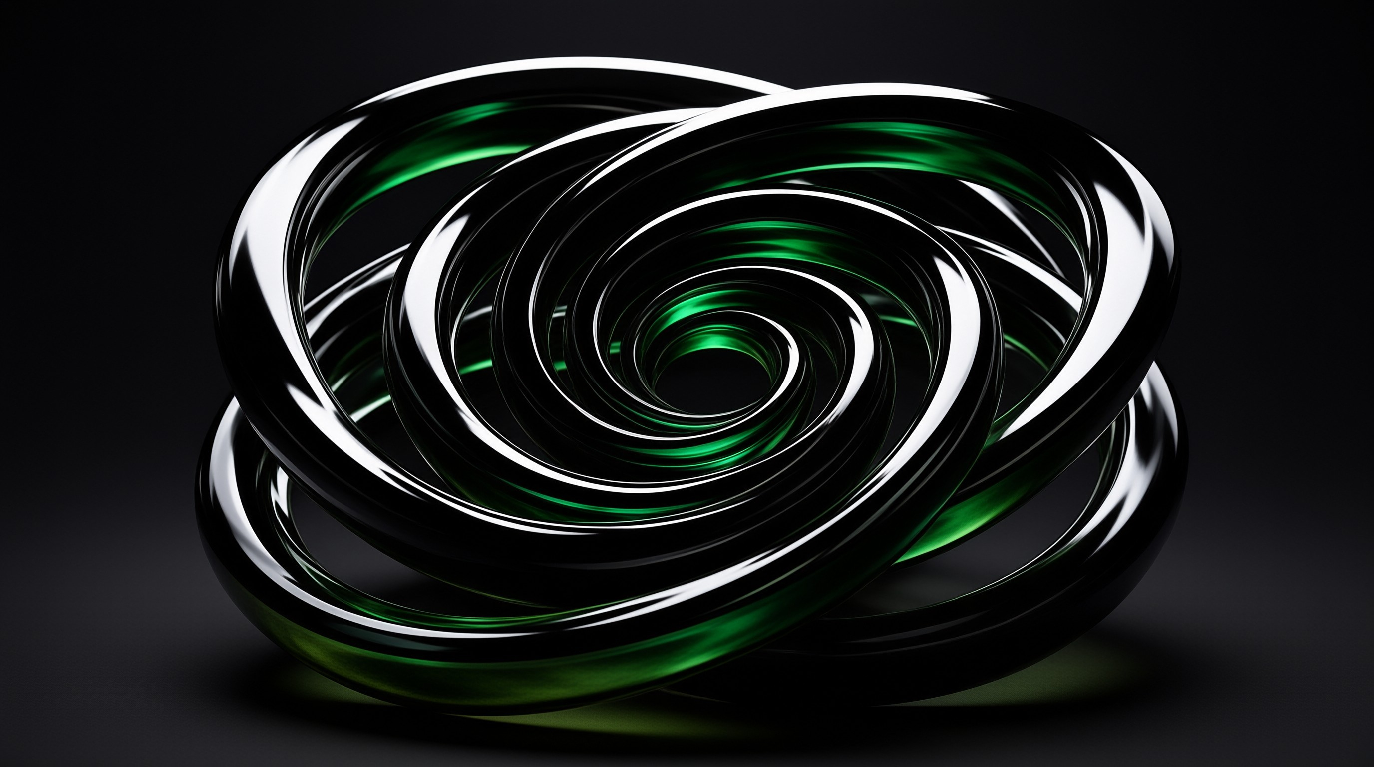 A glossy black and green twisted loop structure floats against a dark background with sharp white reflections.