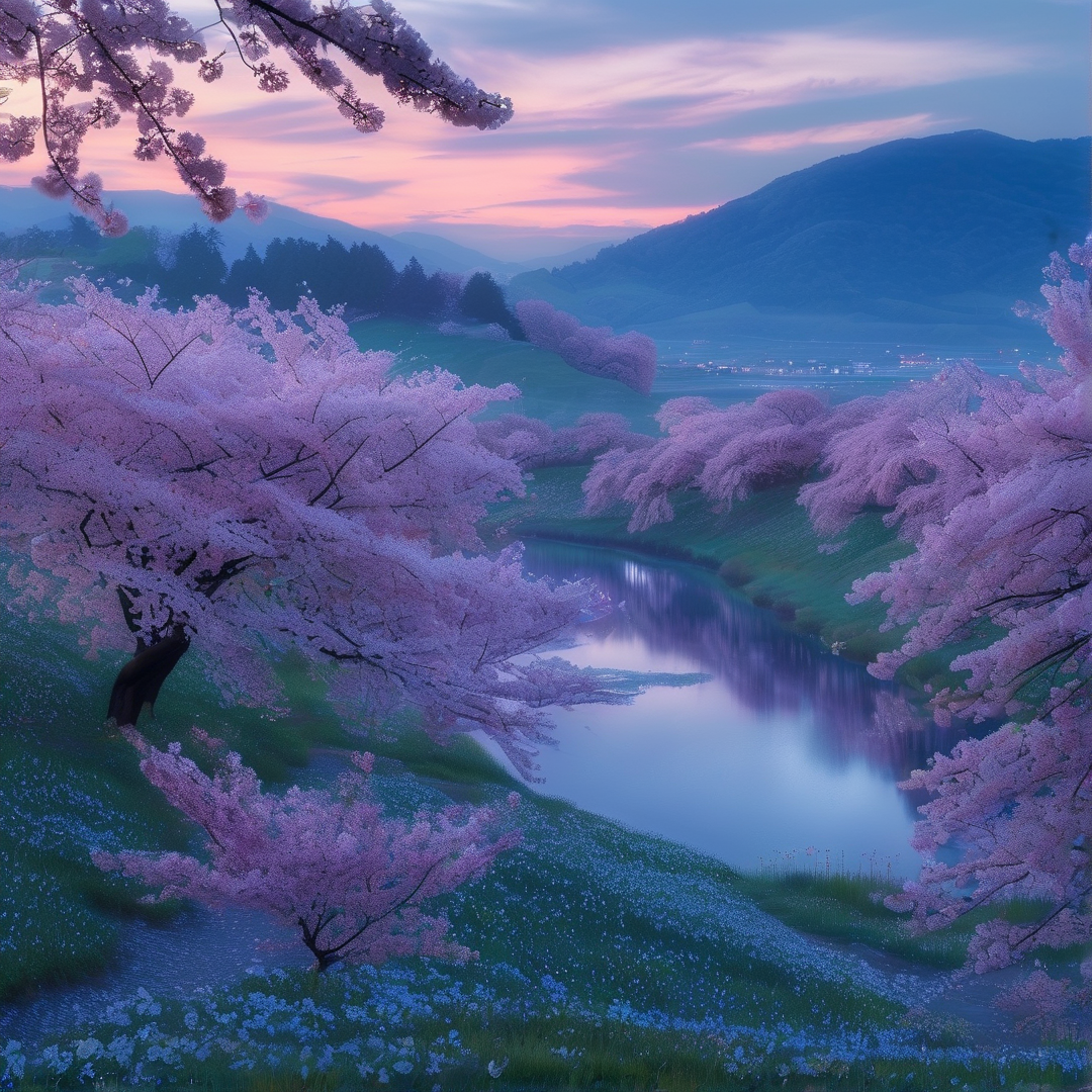 Cherry Blossom Valley Dusk Landscape