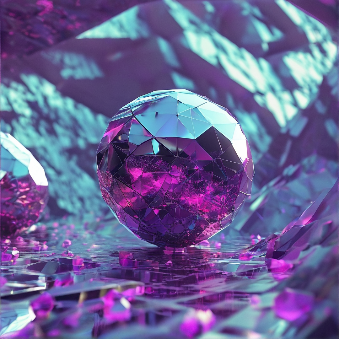 A faceted gem-like sphere rests amidst scattered shards and angular walls under intense magenta and cyan light reflections.