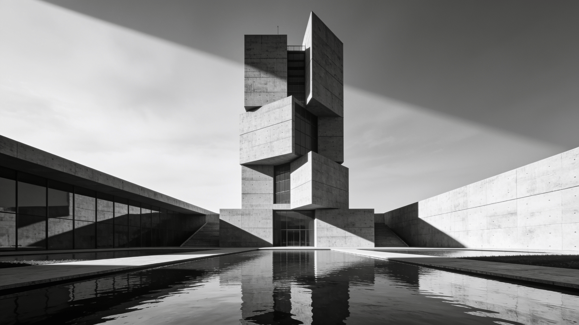 Tower with Brutalist Massing — Reflecting Pool