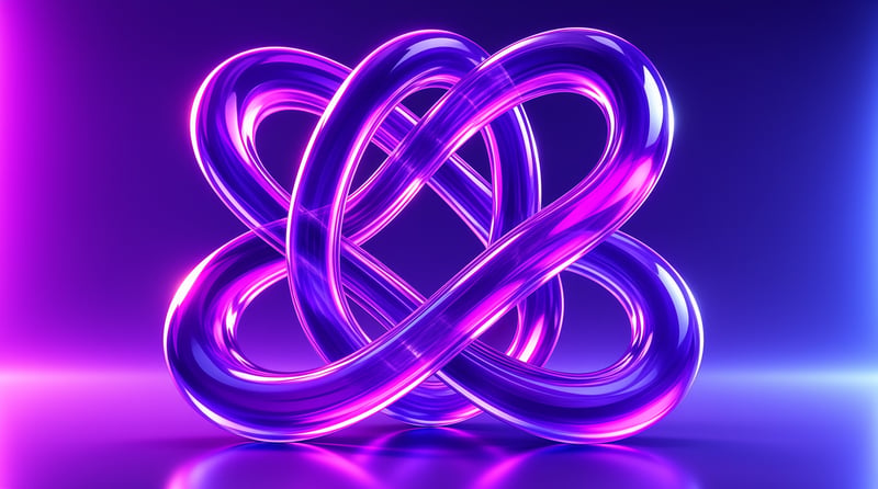 Shiny interwoven loops form an abstract violet object resting on a reflective gradient surface.
