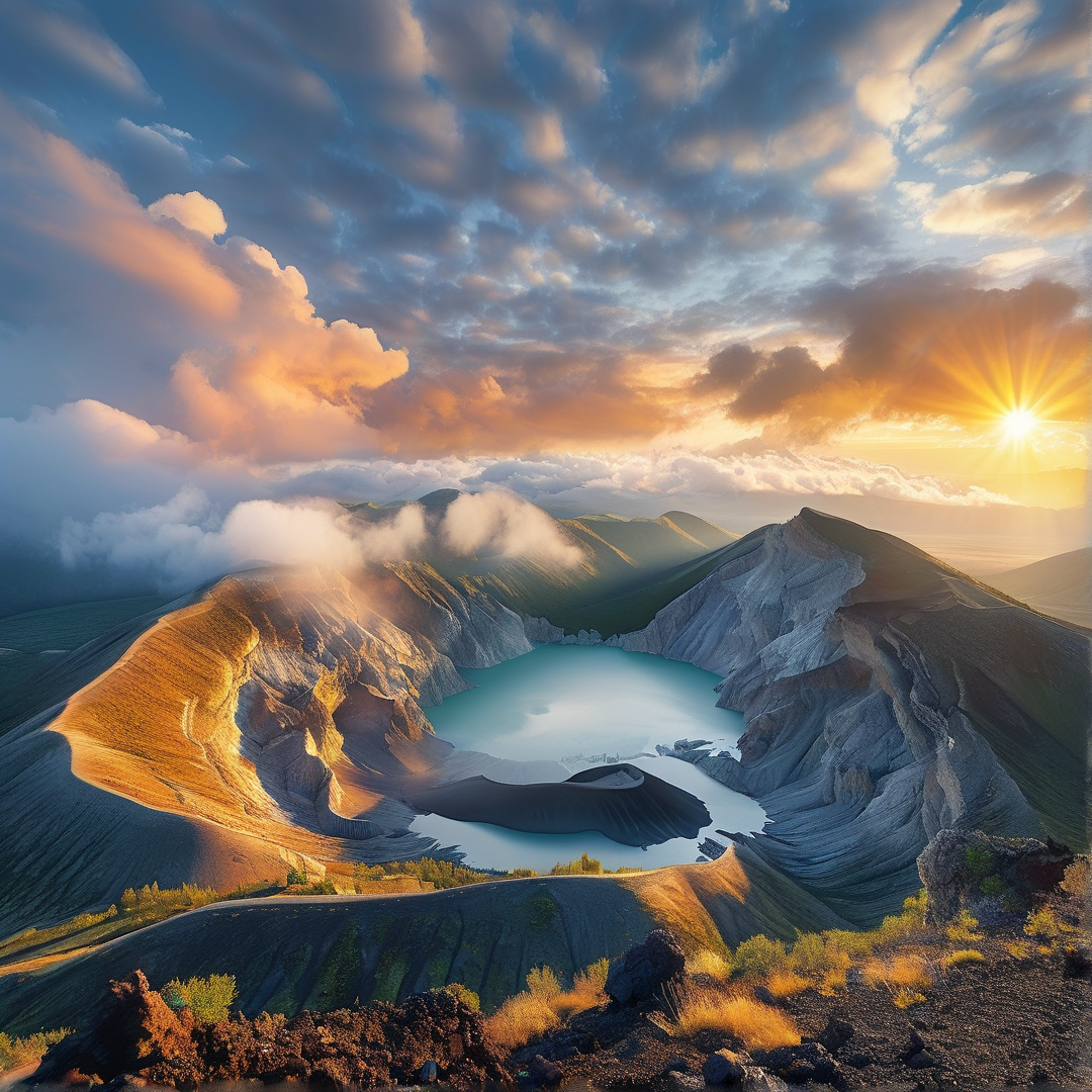 Sunlit Volcanic Crater Lake