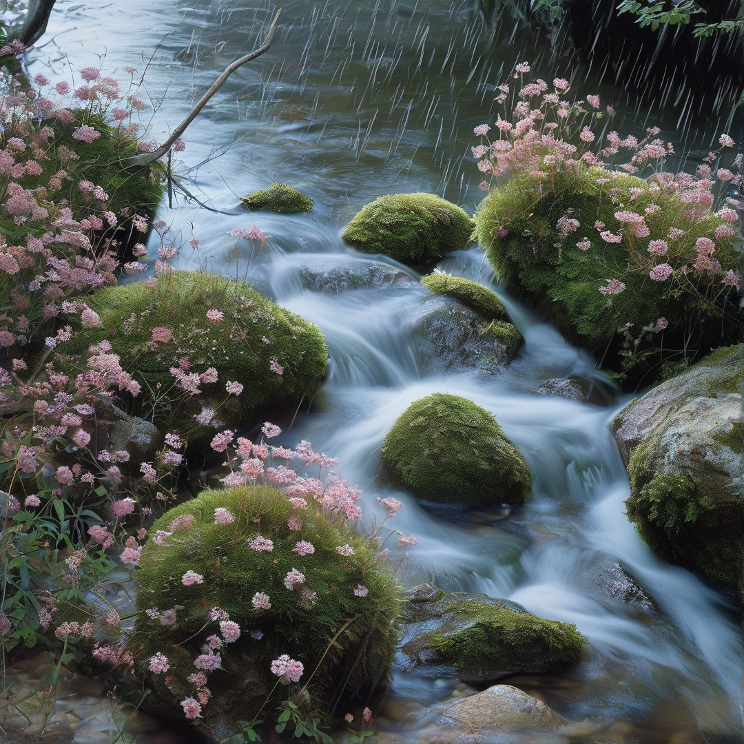 Rainy Stream with Mossy Rocks