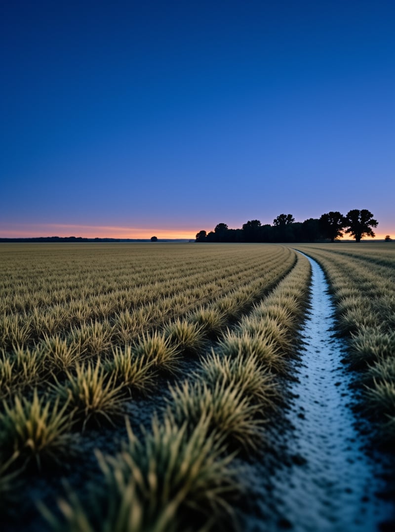 Muddy tracks wind through golden wheat under a deep blue twilight sky with orange horizon light.