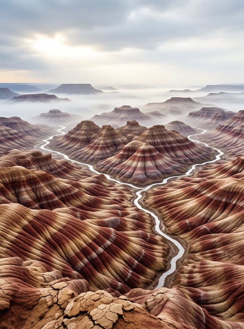 A winding river cuts between eroded desert hills with reddish and pale striped sediment layers under a hazy overcast sky.