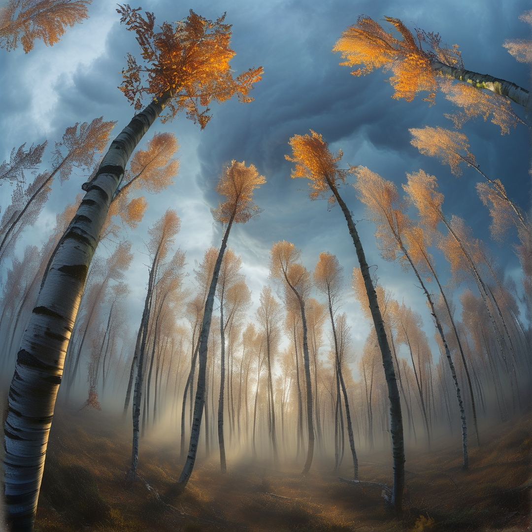 Birch trees with orange foliage stand in a misty forest under a dramatic sky with sunlight breaking through