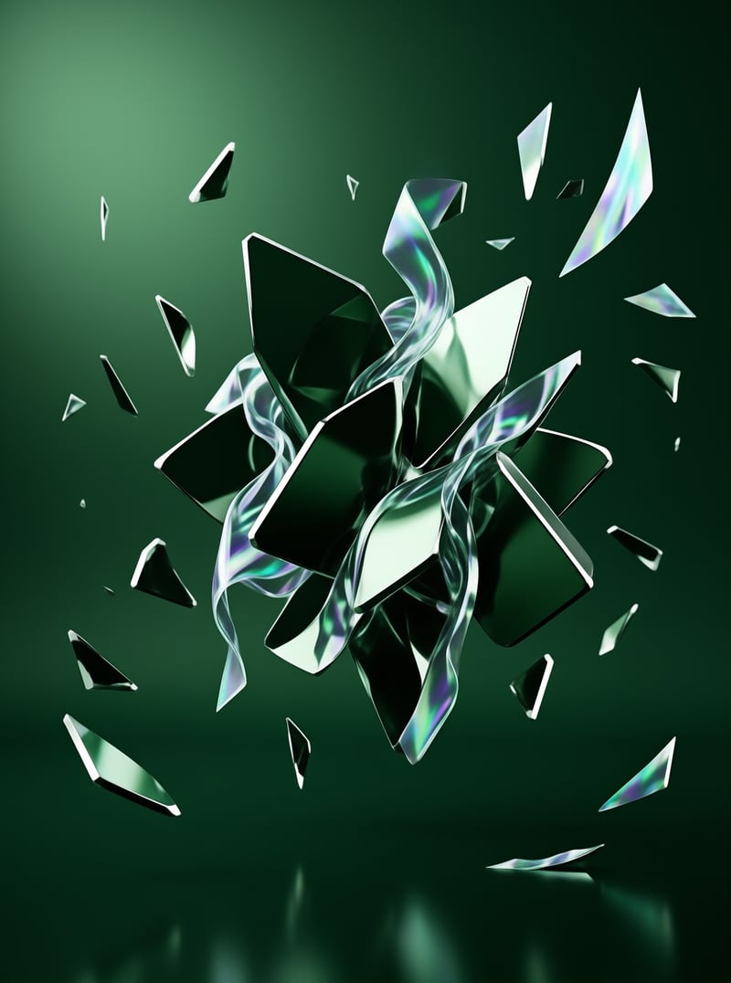 Shattered pieces of iridescent glass float against a dark green gradient background with sharp reflections.
