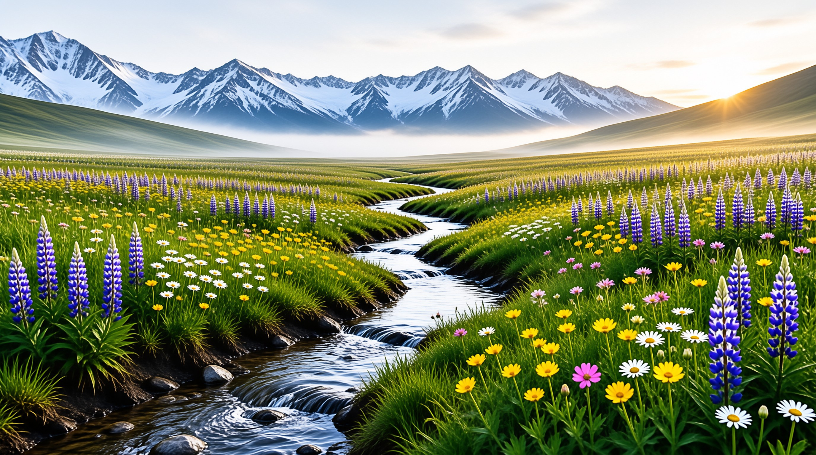 Sunny Mountain River Landscape