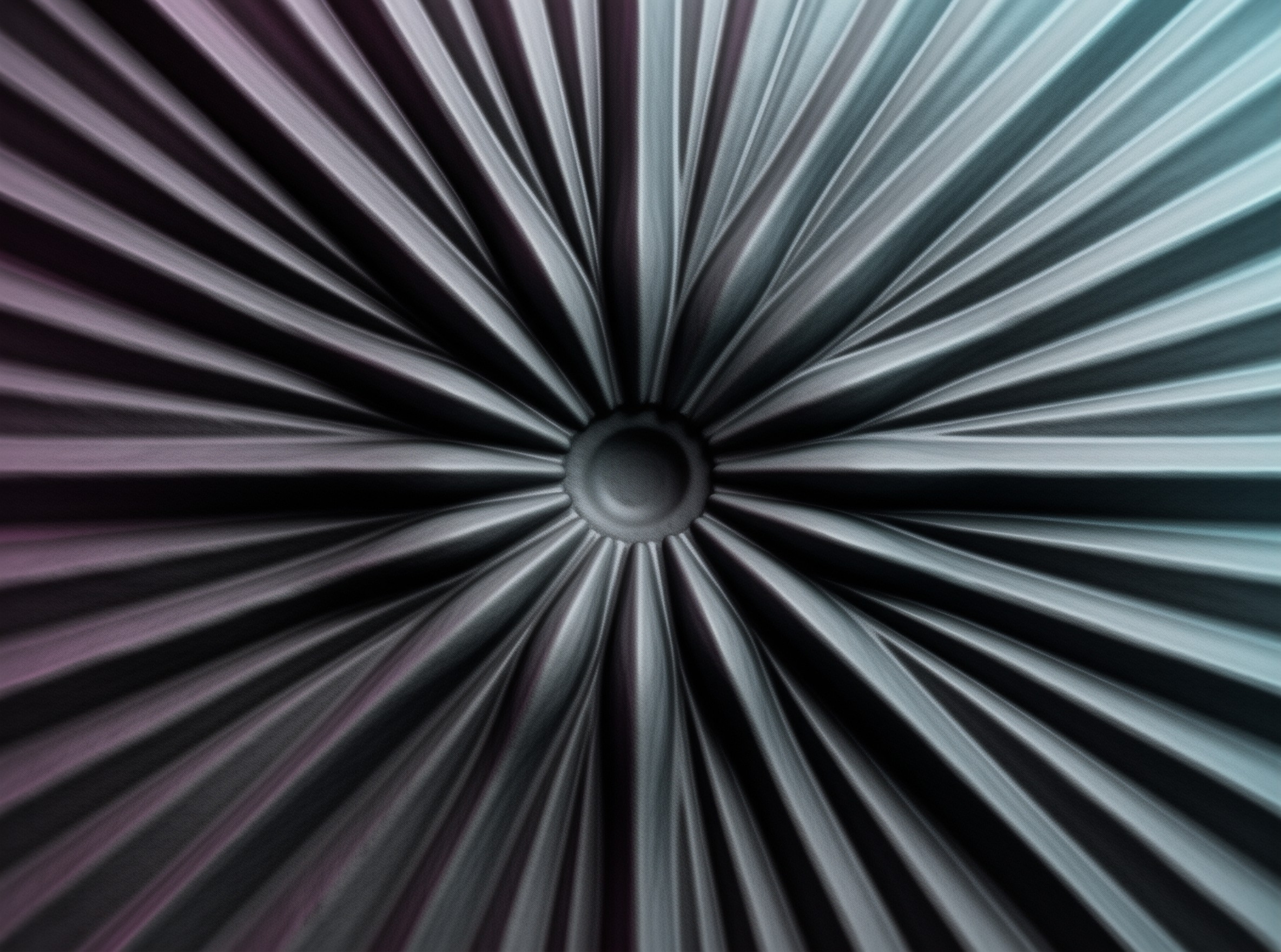 Central metallic hub surrounded by sharp radial blades with purple tones on the left and cool blue tones on the right