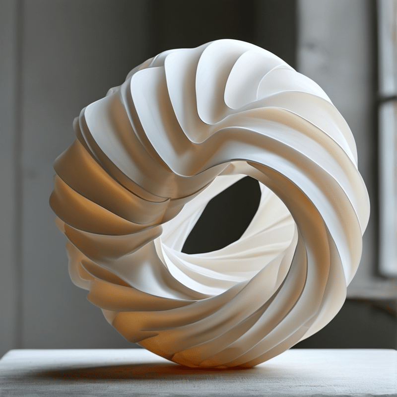 A large white abstract sculpture with twisted ribs rests on a wooden table under soft directional light.
