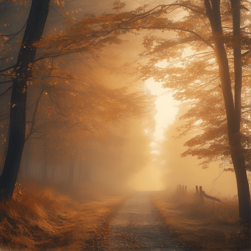 Misty Forest Path at Sunrise