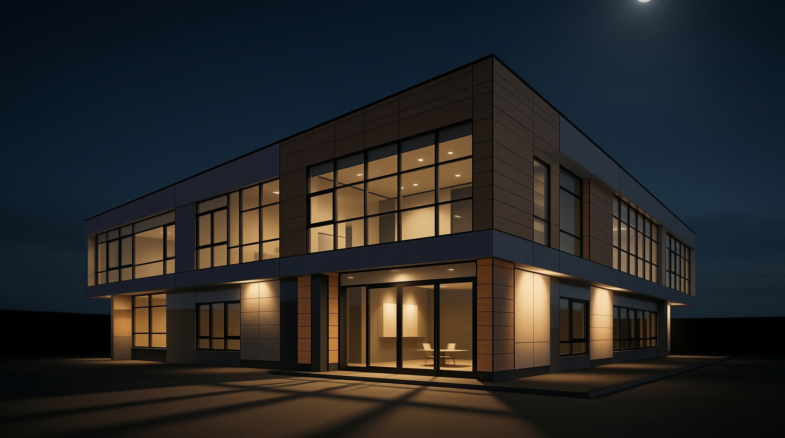 Modern Two-Story Building at Night